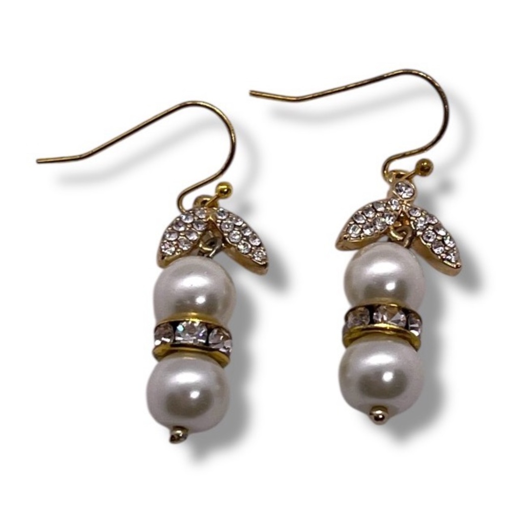 Faux Pearl Gold Drop Pierced Earrings with Rhinestones Roaring 20s, Art Deco